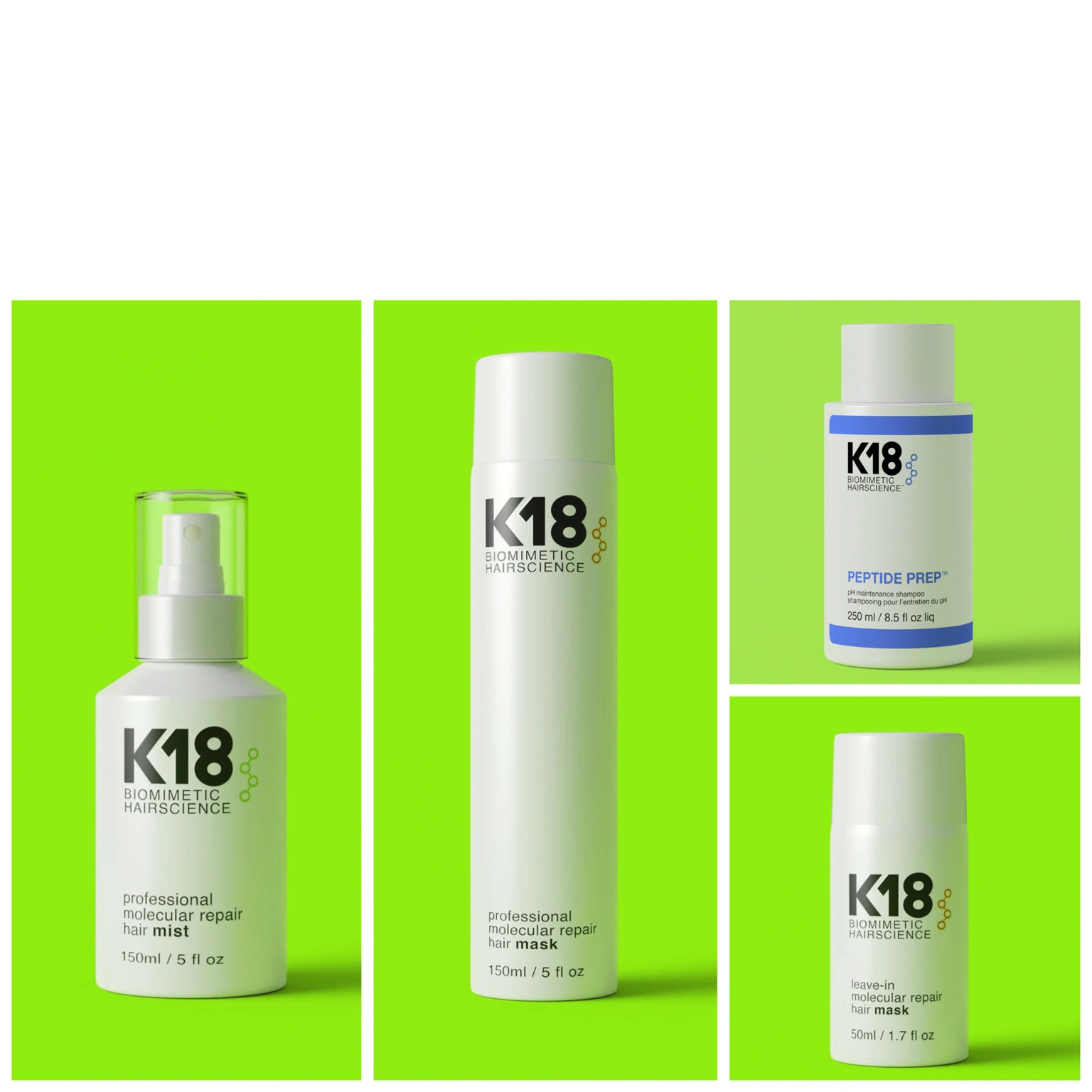 K18 Prémium Csomag (K18 Molecular Repair Hair Mist 150ml+K18 Peptide Prep pH Maintenance Shampoo 250ml+K18 Professional Molecular Repair Hair Mask 150ml+K18 Leave-In Molecular Repair Hair Mask 50ml) főképe